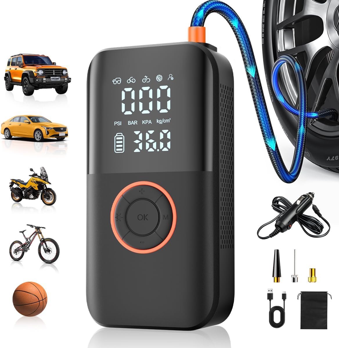 Portable Tire Inflator Air Compressor – 150 PSI Cordless Tire Pump with Dual Power (12V DC & Battery), for Car, Motorcycle, Bike Tires, Sports Balls, Built-in LED Light