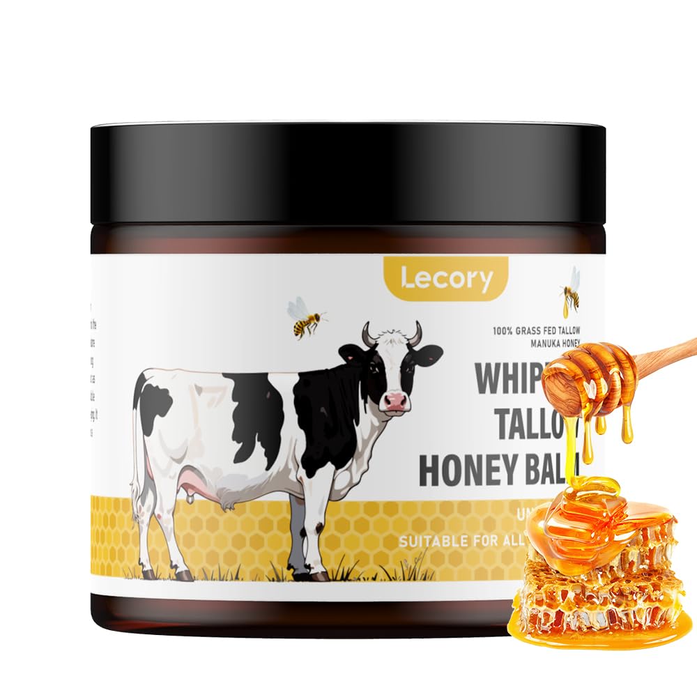 Lecory 100% Organic Grass-Fed Beef Tallow Whipped Balm – Deeply Moisturizing Facial & Body Cream with Honey for All Skin Types (4.23 oz)
