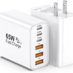 65W USB-C Fast Charger, 2-Pack 6-Port Wall Adapter with PD & QC — Powerful Multi-Device Charging for iPhone & Samsung
