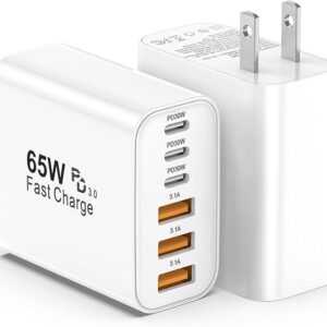 65W USB-C Fast Charger, 2-Pack 6-Port Wall Adapter with PD & QC — Powerful Multi-Device Charging for iPhone & Samsung