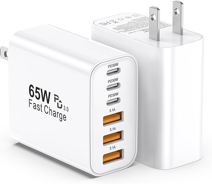 65W USB-C Fast Charger, 2-Pack 6-Port Wall Adapter with PD & QC — Powerful Multi-Device Charging for iPhone & Samsung
