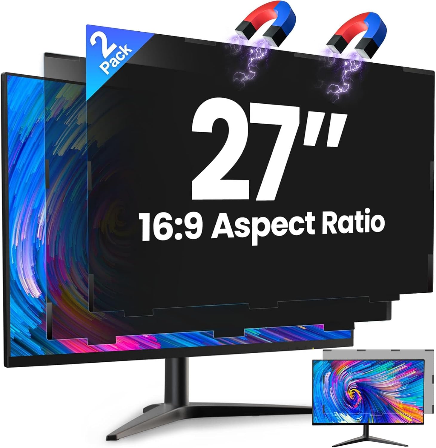 2-Pack 27-Inch Magnetic Privacy Screen for 16:9 Monitors – Anti-Glare Blue Light Filtering Computer Monitor Privacy Shield, Removable Anti-Spy Screen Protector