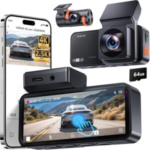 Front and Rear Dash Cam (4K + 2.5K) with 3.39" Touch Screen – Dual Dash Camera Featuring WiFi App Control, 64GB Storage, Parking Mode, Night Vision, Loop Recording, and Emergency Lock (X5)