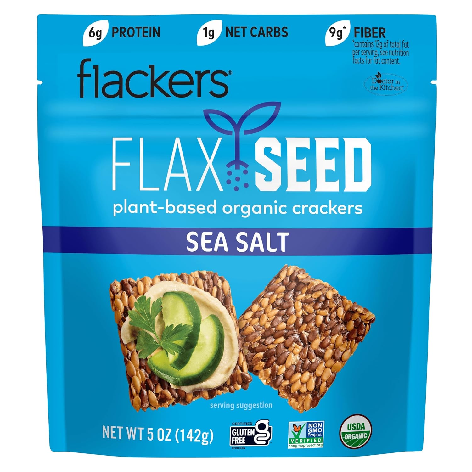 Flackers Organic Sea Salt Flaxseed Crackers, 5 oz – Gluten-Free, Vegan, Keto-Friendly, 9g Fiber, 1g Net Carb